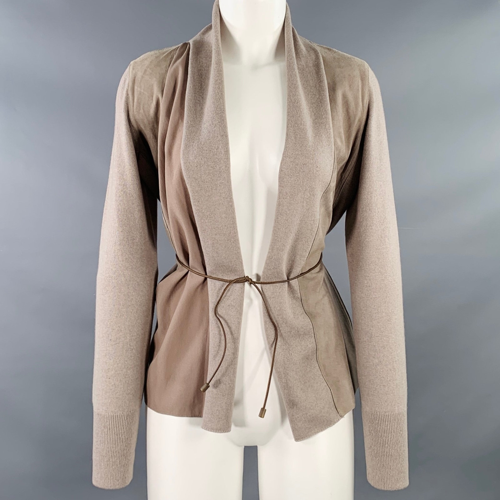 Size S Brown Taupe Virgin Wool Blend Suede Mixed Fabrics Belted Cardigan